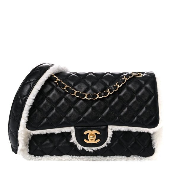 CHANEL Handbags - Authentic CHANEL Lambskin Quilted Shearling Large CC Flap Bag Black White Purse